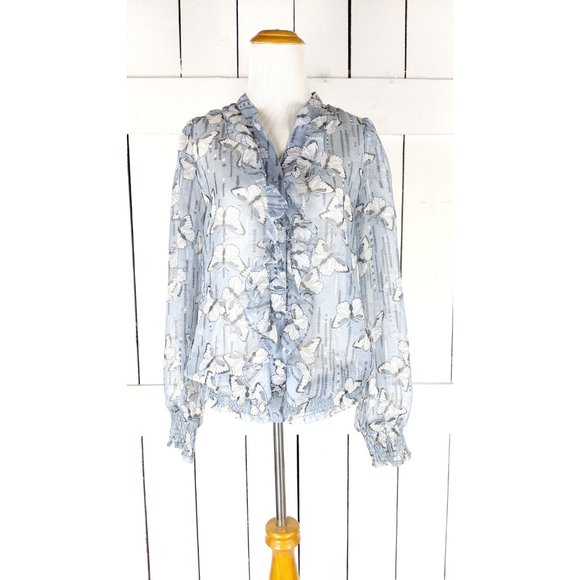 Blue white butterfly sheer billowy ruffle long sleeve blouse - Picture 2 of 5